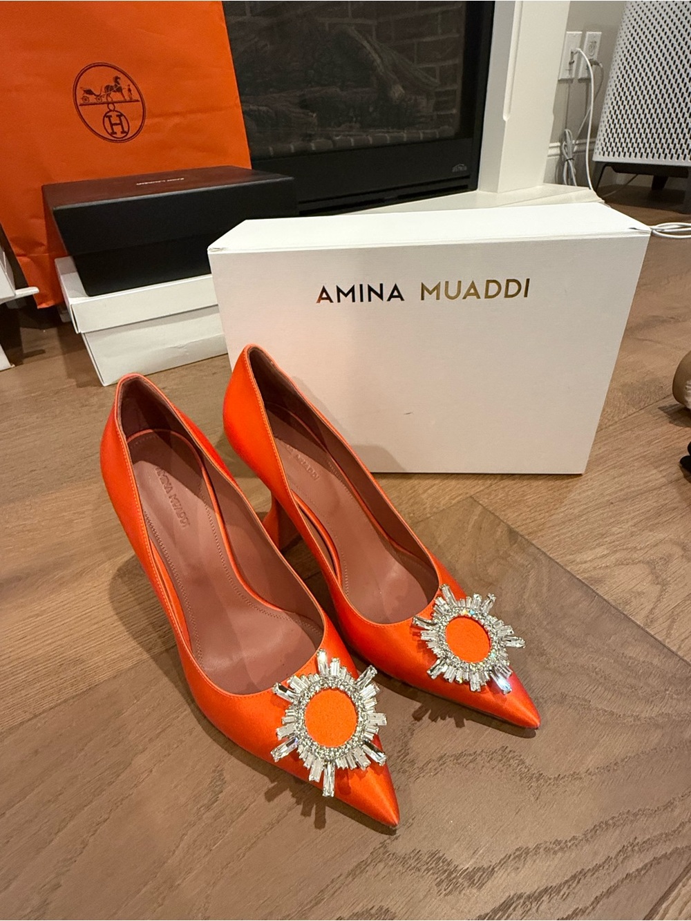 Amina Muaddi Vibrant Orange Crystal Sunburst Pointed Pumps - 40 EU (9 US)